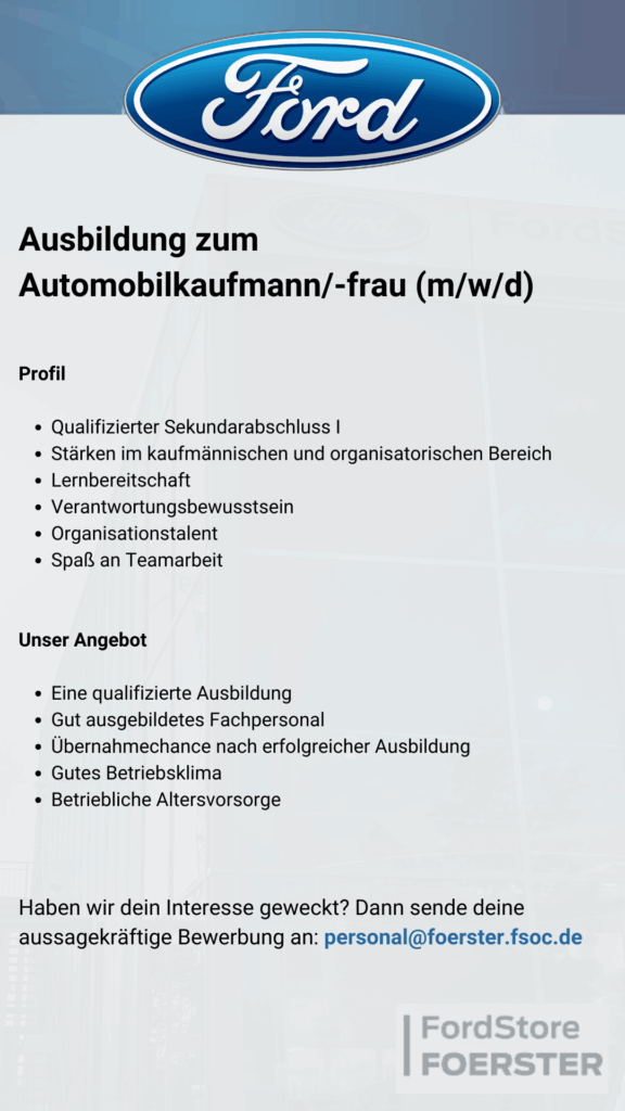 Azubi Attacke: Ausbildung zum Automobilkaufmann/-frau bei Autohaus Foerster