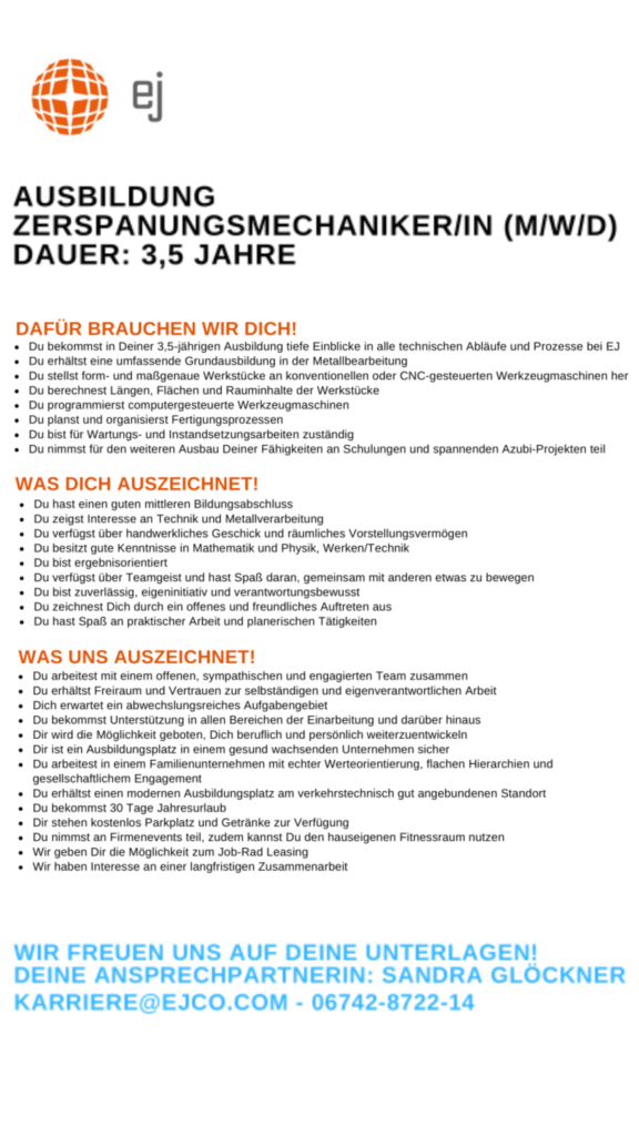Azubi Attacke: Ausbildung zum Zerspanungsmechaniker bei EJ Deutschland
