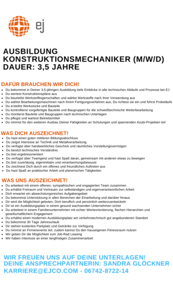 Azubi Attacke: Ausbildung zum Konstruktionsmechaniker bei EJ Deutschland