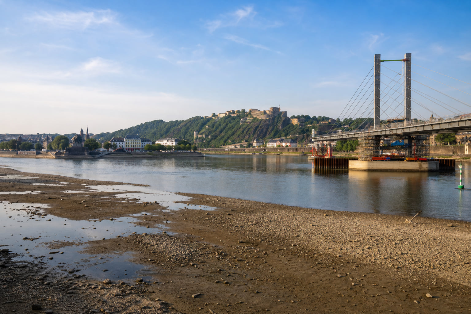 Pfaffendorfer Brücke wartet auf mehr Wasser im Rhein